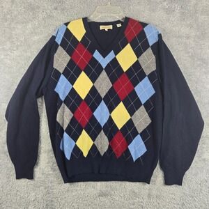 Peter Millar Cashmere Argyle Sweater Mens Medium Navy Blue V-Neck Multi-Color